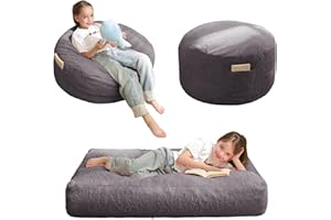 MAXYOYO Bean Bag Chair Bed for Kids, Convertible Bean Bag Folds from Lazy Chair to Floor Mattress Bed, Stuffed Floor Sofa Couch for Boys and Girls, High-Density Foam Filling, Dark Grey