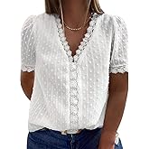 Eytino Womens Plus Size Tops Casual Summer Short Sleeve V Neck Lace Crochet Chiffon Blouses Shirts(1X-5X)