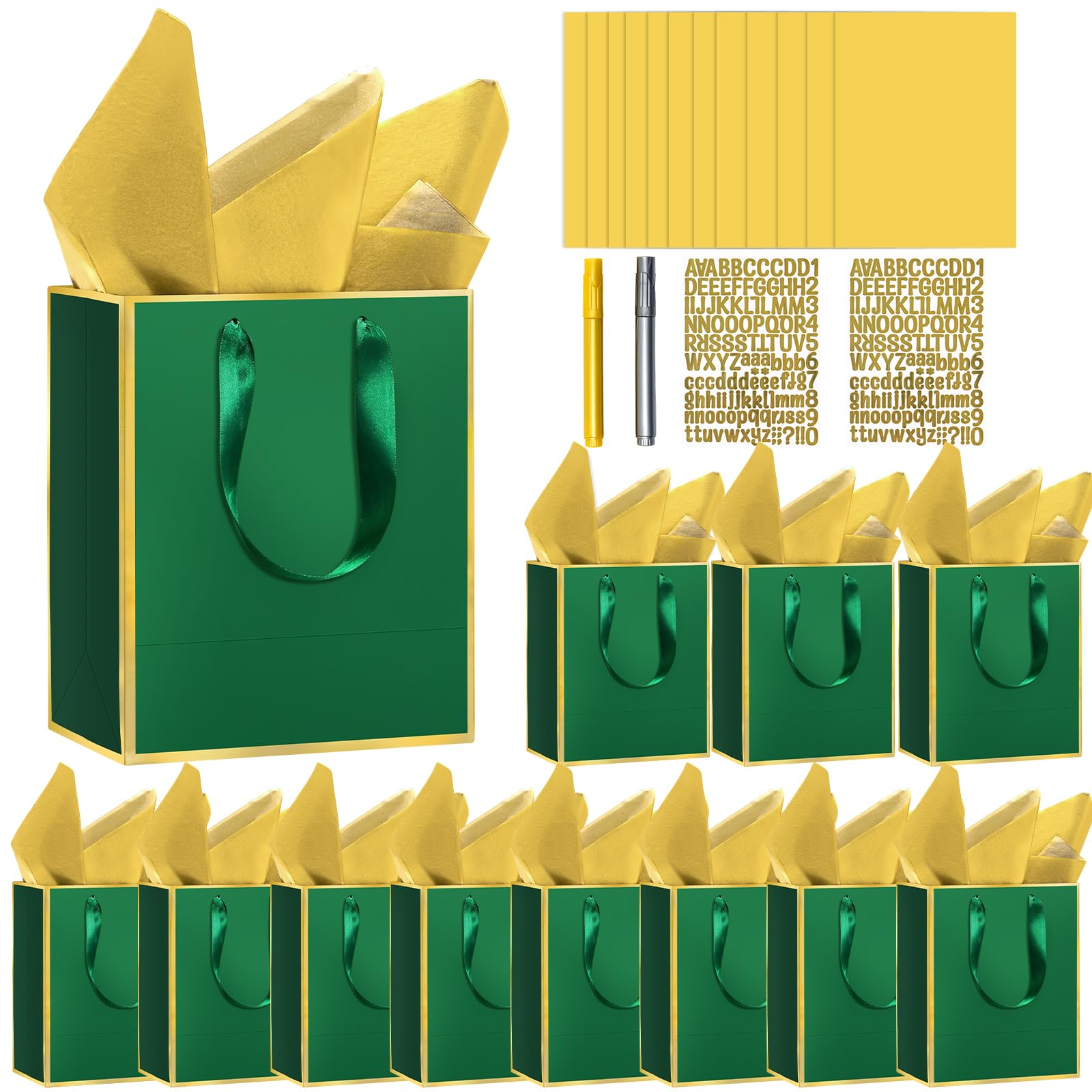 Photo 1 of 12 Pack DIY Metallic Paper Gift Bags With Handles, Tissue Paper And Painting Pens, 9"X7"X3" 5 Senses Gift Bags With Labels For Him And Her, Suitable For Birthdays, Weddings, Baby Showers, Holidays And Other Occasions (Green, Gold)