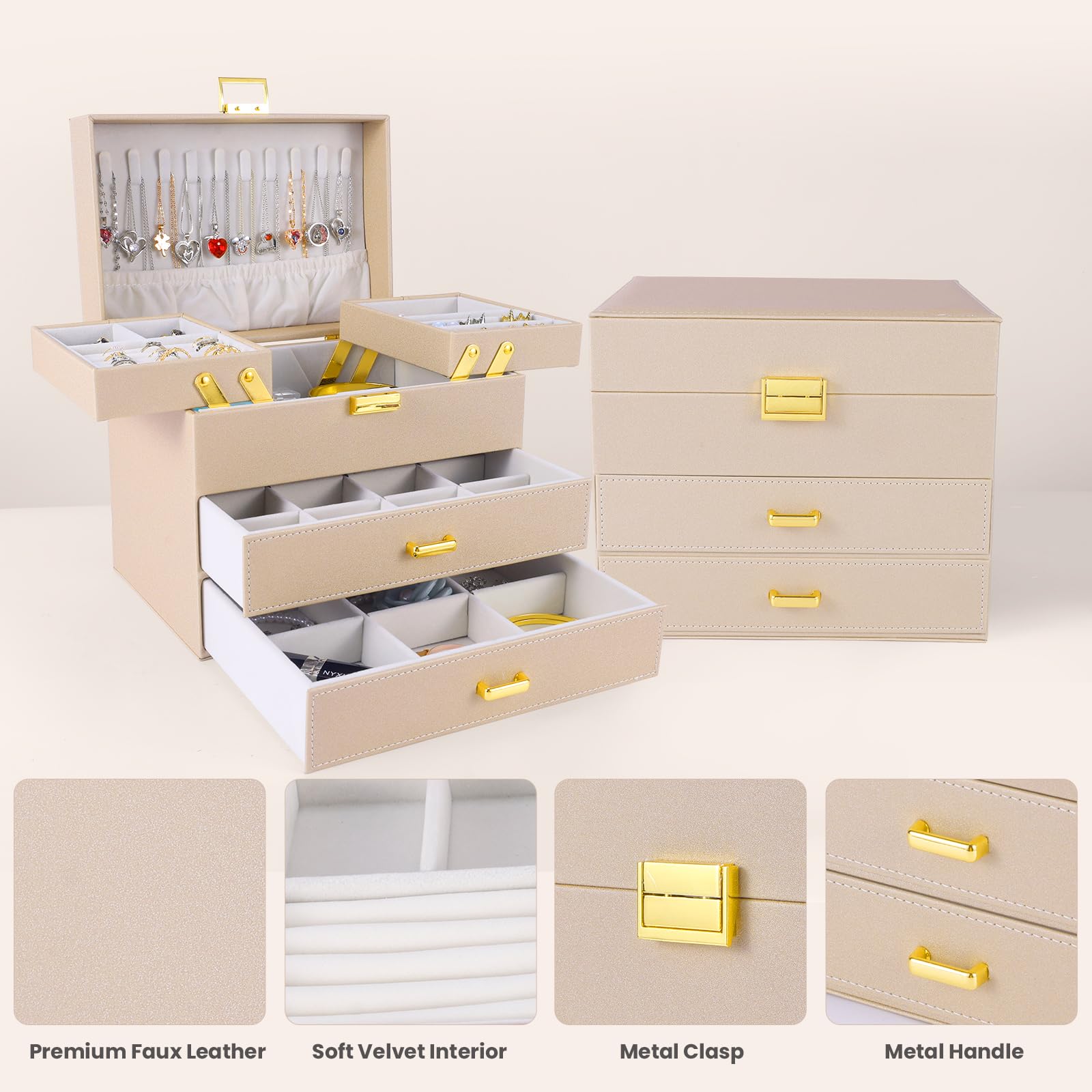Dajasan Dajasan Jewelry Organizer Box, Jewelry Holder Organizer Box, PU Leather Jewelry Box, Gift Idea for Valentine's Day, Birthday, Mother's Day, Christmas (Champagne)