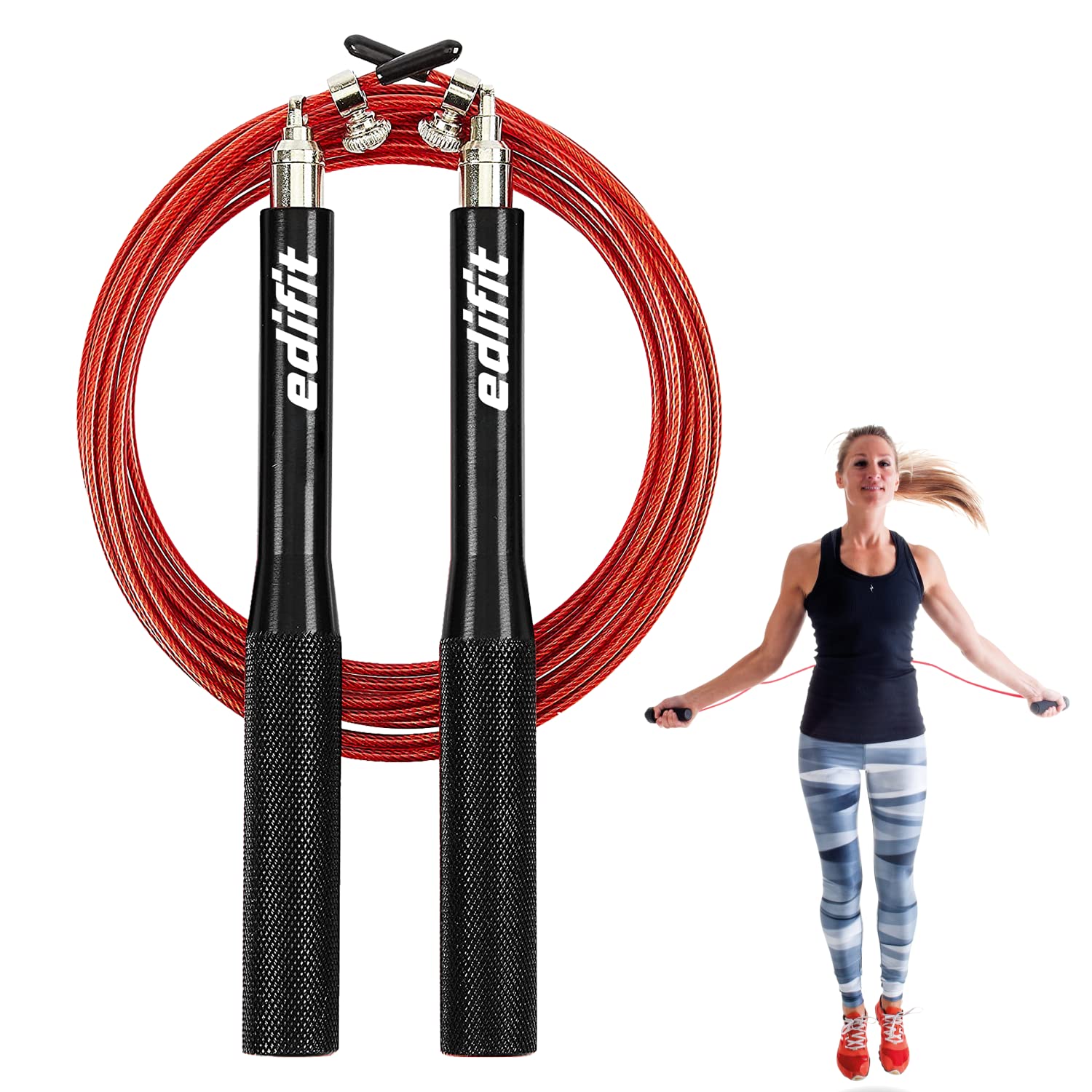 EDIFIT, Skipping Rope, 3 Metres, 165 mm Handle, Adjustable, for Men and Women, Gym Equipment, Home Exercise, Fitness, Boxing, Training (Red and Black)