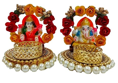 SWASIDH Combo of LAXMI and Ganesha MURTI with Candle/Diya Stand_Golden Brass Metal Idol for Diwali PUJA Decoration and Gifting