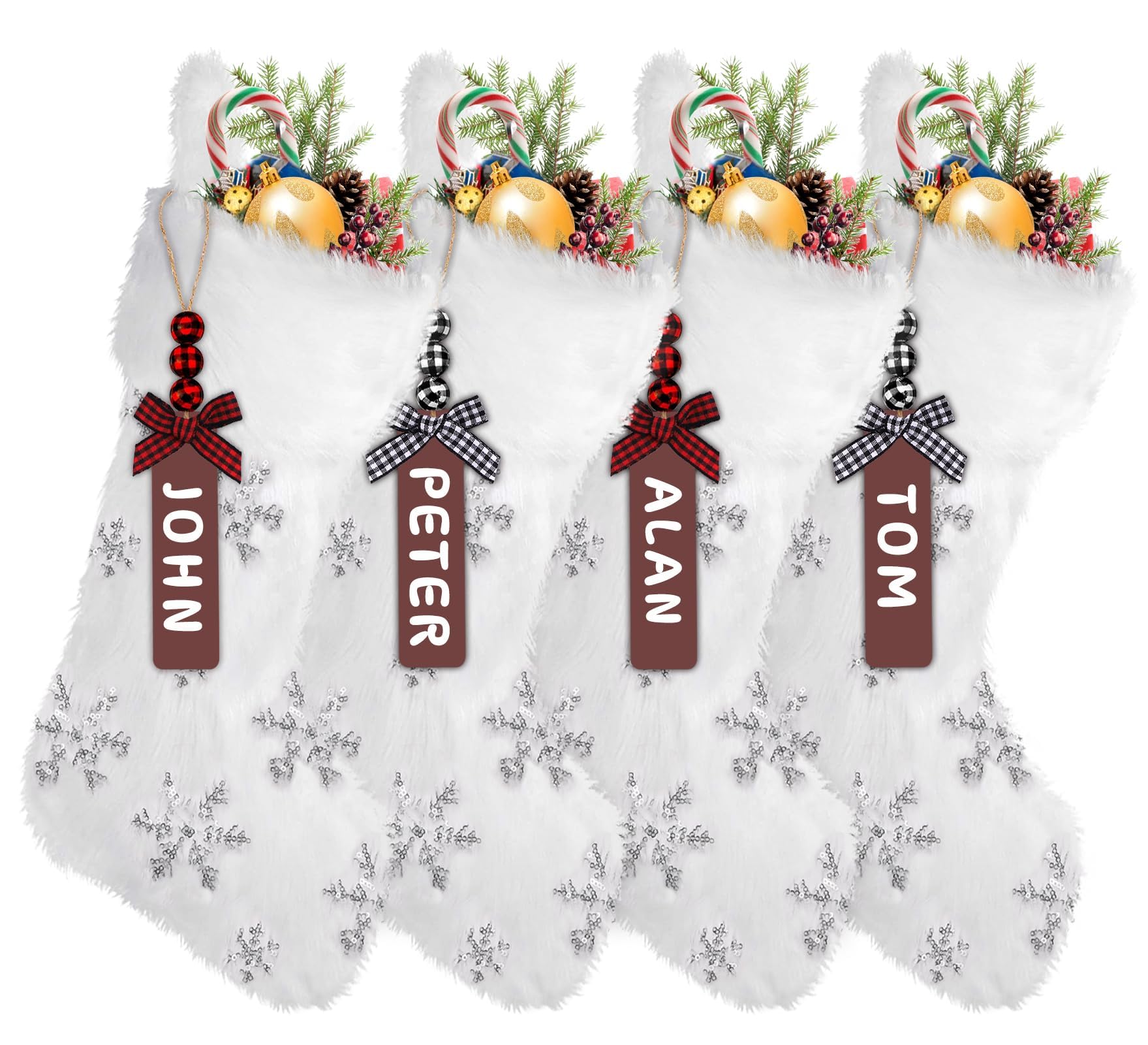DTYDECLE 4 Pack Christmas Stockings, White Faux Fur Large Plush Hanging Glitter Snowflake Xmas Stockings for Christmas Fireplace Personalized Decorations Socks