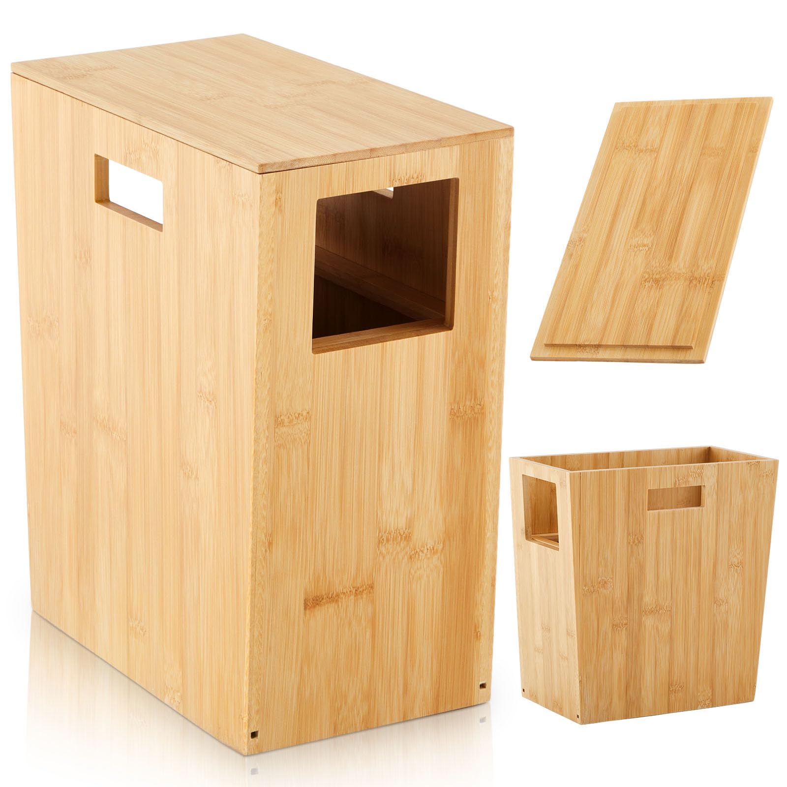 Photo 1 of Reallnaive Slim Bamboo Trash Can for Bathroom Small Wooden Trash Can with Lid Wooden Waste Bin with Handle for Bathroom, Home, Office, Laundry, Bedroom, Kitchen, Living Room,12.9'' x 6.4'' x 13.3''