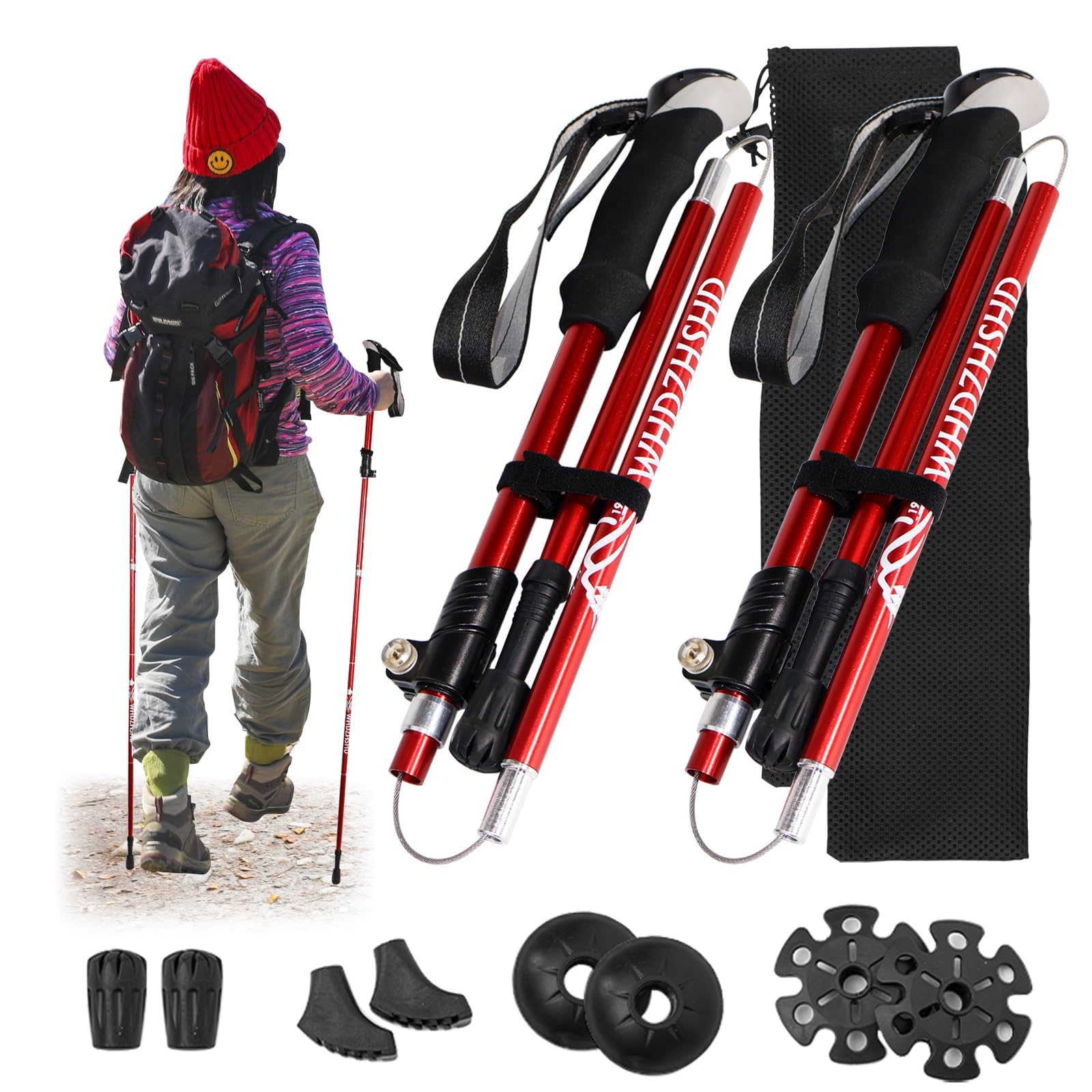 Photo 1 of Collapsible Trekking Poles for Hiking - Lightweight Aluminum Walking Sticks with Adjustable Locks, Extendable to 51 Inches (Set of 2)(Red)