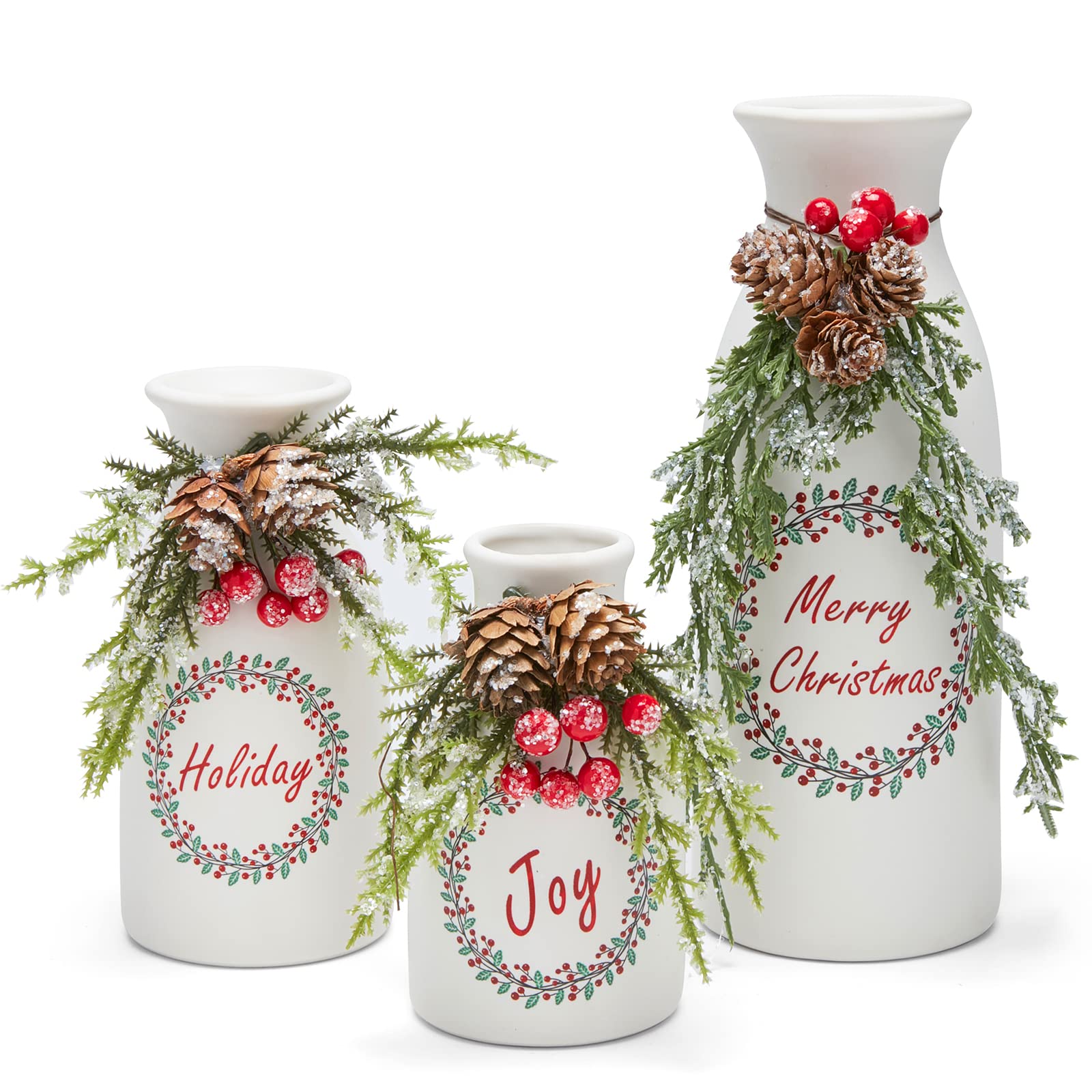 Photo 1 of Wortour Artificial Christmas 3-Piece Set Flocked with Mixed Xmas Decorations Ceramic White Bottles