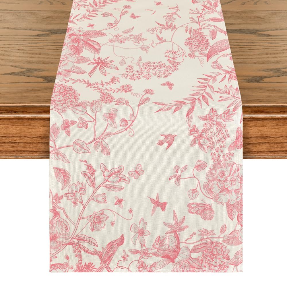 Photo 1 of Artoid Mode Pink Monochrome Sketch Birds Flowers Spring Table Runner, Seasonal Summer Kitchen Dining Table Decoration for Home Party Decor 13x72 Inch