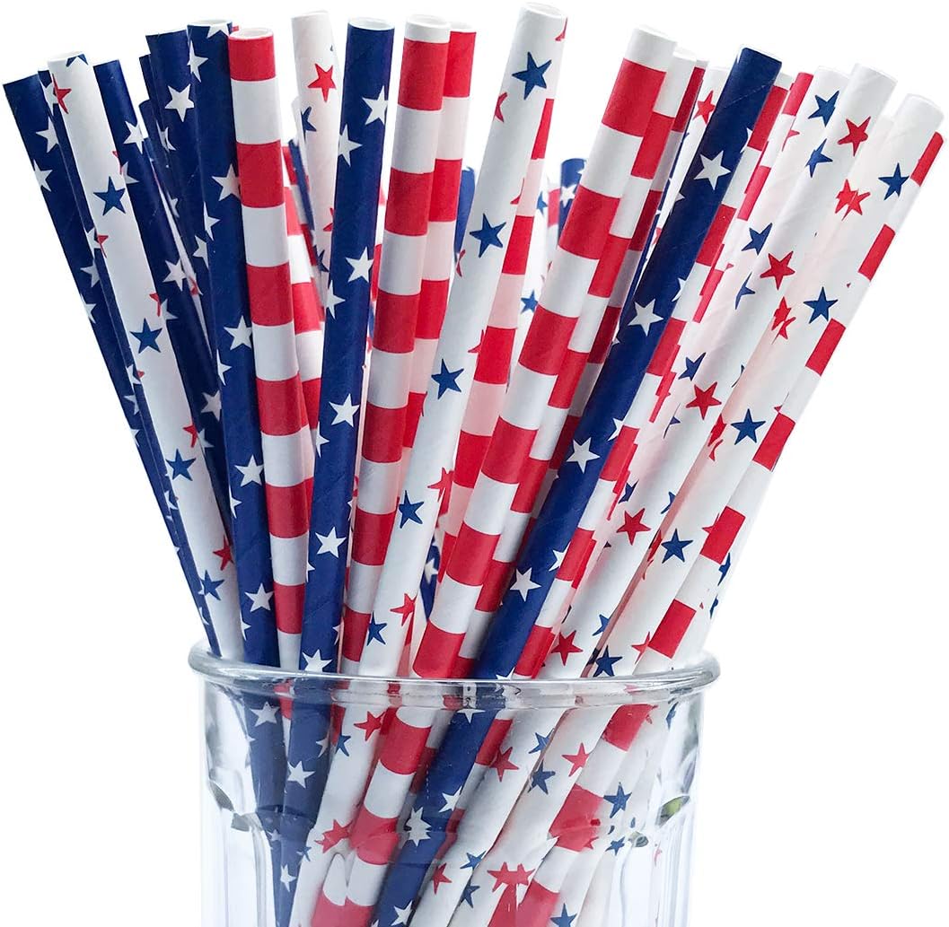 150 Pack Disposable 4th of July Paper Straws, Red, White, and Blue American Flag Design for Patriotic Party Supplies, Memorial Day, Veterans (7.75 In)