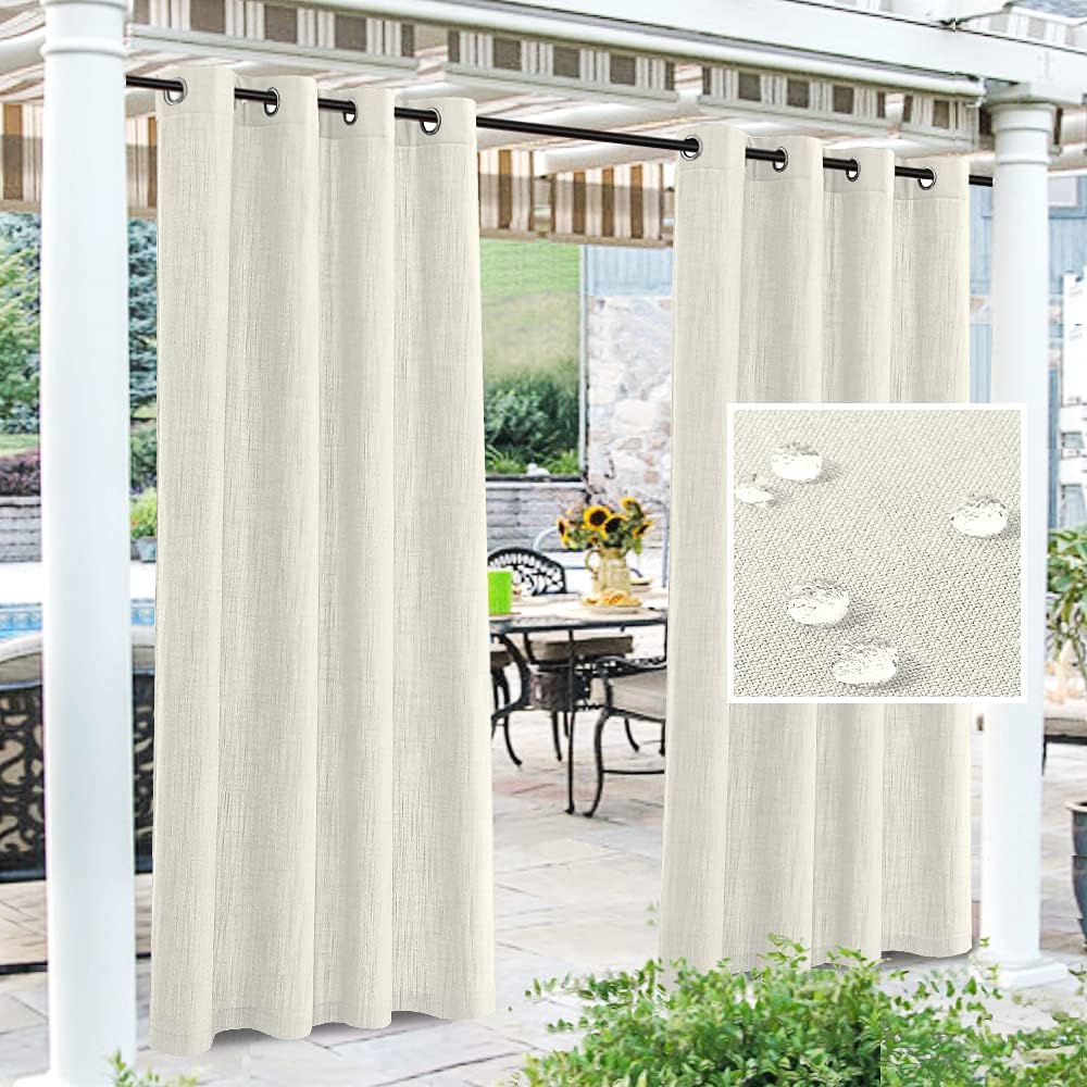 Outdoor Curtains - Outdoor Curtain for Patio Waterproof Linen Look Heavy Duty Indoor/Outdoor Solid Rustproof Grommet Curtain Thermal Insulated Sunlight Block Drape for Gazebo/Porch, 52”W X 108”L, Ivory, 1 Panel