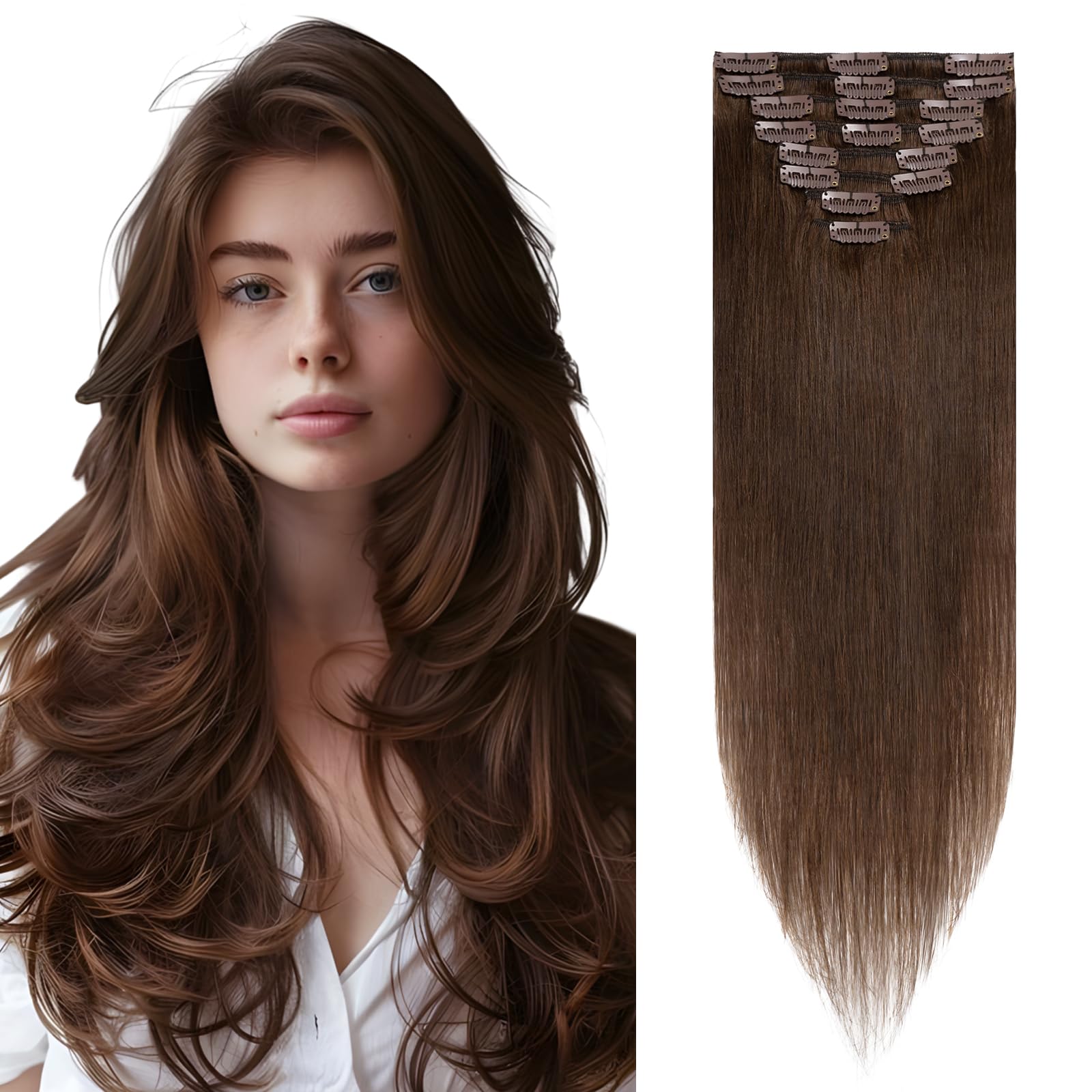 Elailite Hair Extensions Clip in Real Hair Remy Human Hair - 8 Pcs Invisible Thin Weft - #04 Medium Brown - 14 Inch