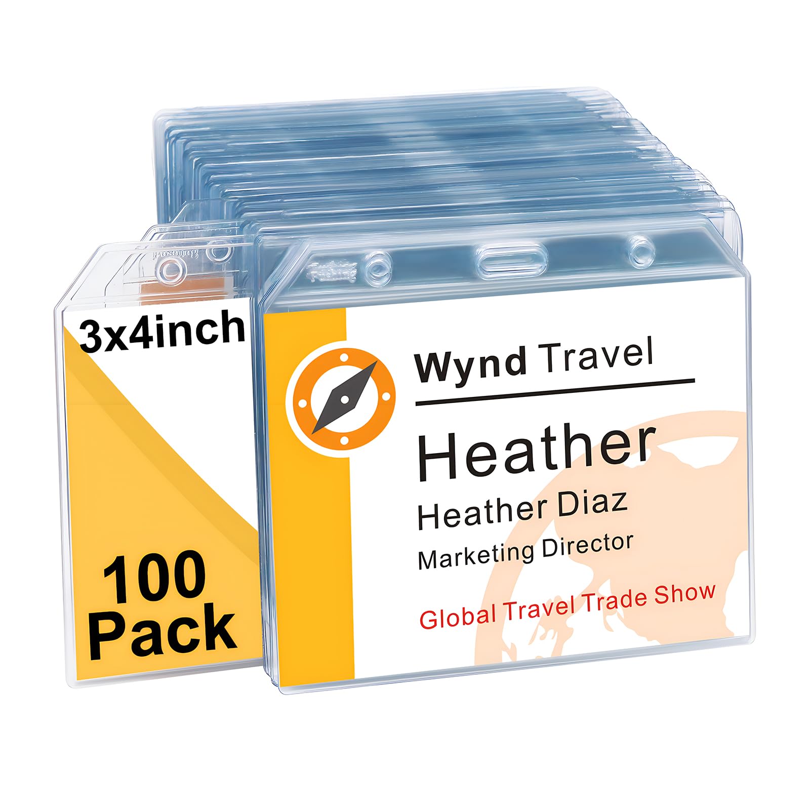 93 x 106mm Name Badge Holders - Fushing Clear Plastic Horizontal Name Tag Badge ID Card Holders for 93 x 106mm Name Badge Inserts or Name Tag Inserts (100)