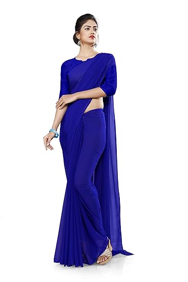 Uniform Sarees Corp Womens Polyester Plain Premium Soft Georgette for Housekeeping Saree with Blouse (Blue)