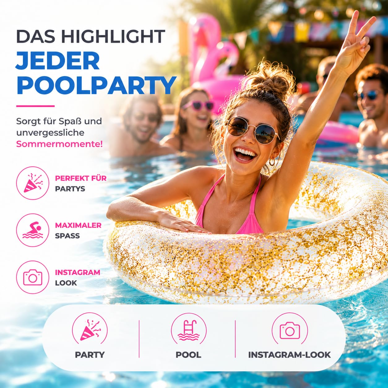 Aufblasbar Schwimmring mit Glitzer Konfetti Ø 120 cm - Schwimmreifen Pool & Wasser, für Erwachsene & Kinder (Schwimmring Glitzer) 2