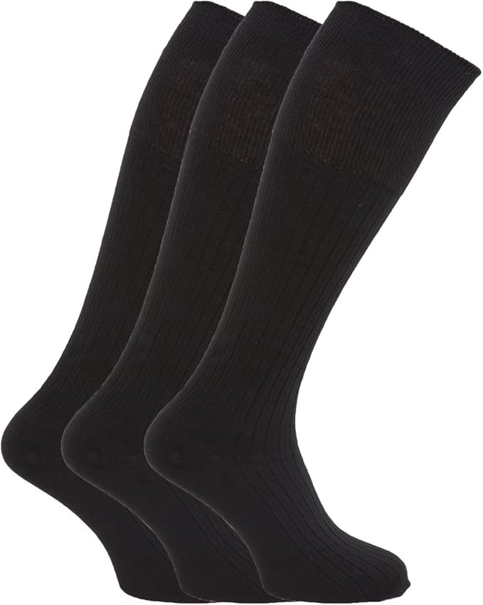 6 Pairs Mens Ribbed Long Hose 100 Cotton Soft Top Socks/UK 611 (Black