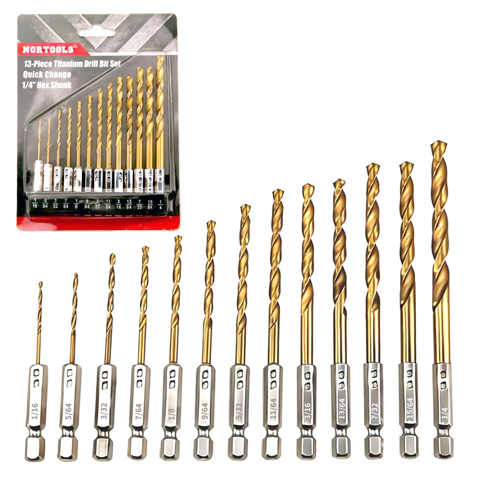 NORTOOLS 13 PCS HSS TiN Twist Drill Bits 1/4 Inch Quick Change Hex Driver Set for Wood Plastic Aluminum Alloy 1/16-1/4 Inch