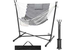 ANTIFIR Hammock Chair with Stand Included Hanging Chair Macrame Boho Handmade Adjustable Swing with Headrest and Side Pocket Indoor Outdoor Patio Yard Garden Porch 450lbs Capacity (Gray)