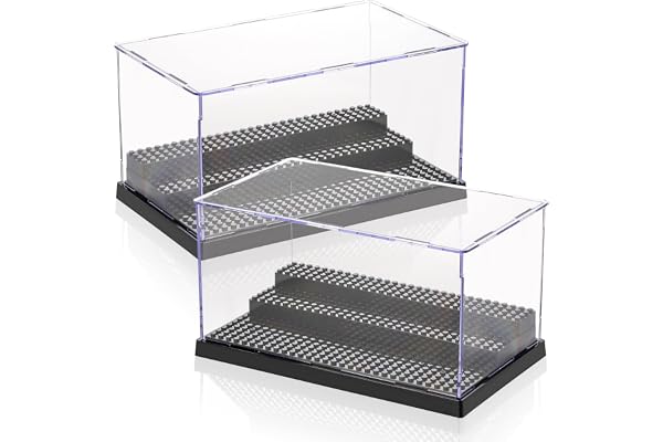 ZEAYEA 2 Pack Display Case for Minifigure Action Figures Blocks, Acrylic Display Box Storage with 3 Movable Steps, Dustproof