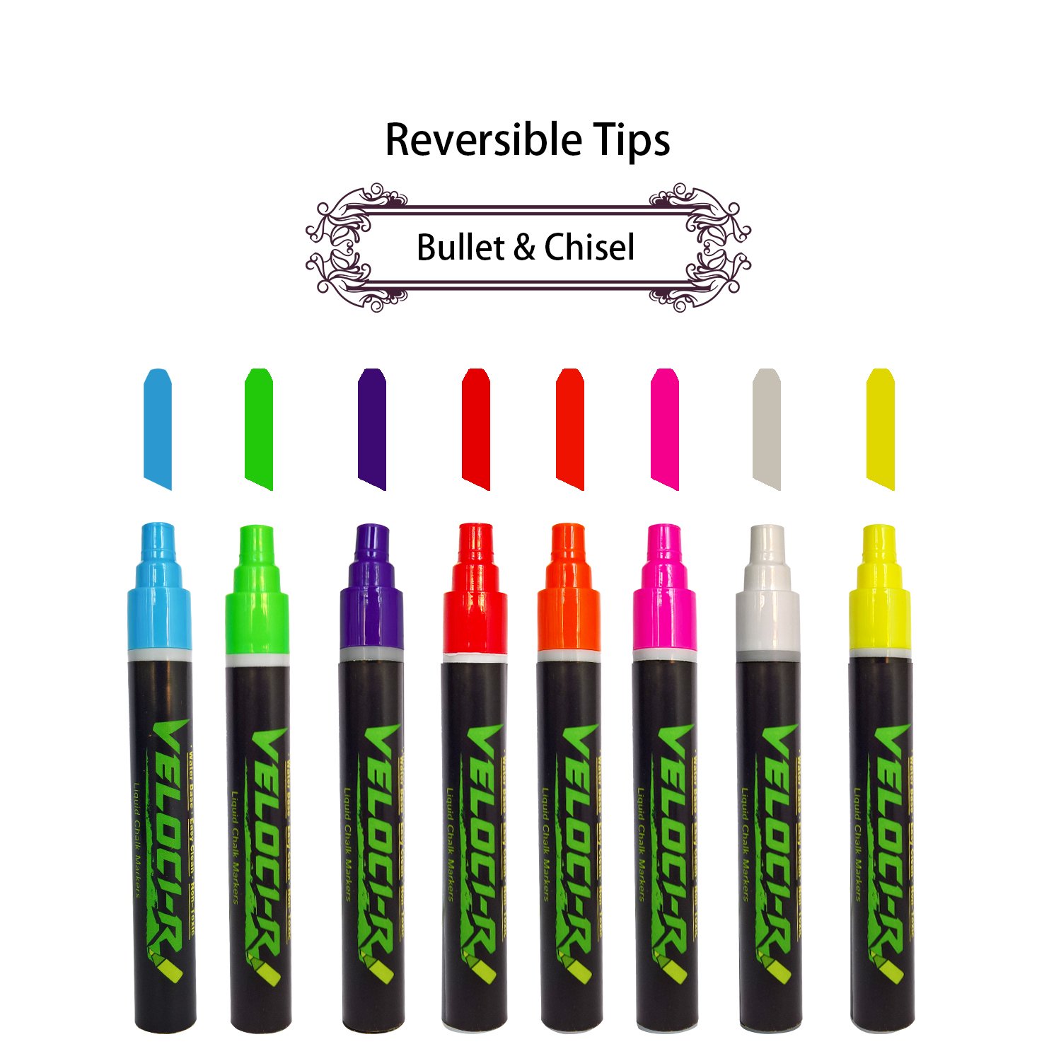 Liquid Chalk Markers 8 Colored Washable Pens with Reversible Bullet And Chisel Tip - Child Friendly - Perfect for Chalkboards, Bistro, Windows, Glass, Labels, Whiteboards