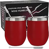 CHILLOUT LIFE 12 oz Stainless Steel Wine Tumblers 2 Pack - Double Wall Vacuum Insulated Wine Glasses Cups with Lids and Straws Set Keeping Cold & Hot for Coffee, Beer, Ice Cream - Powder Coated Red