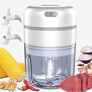 Electric Mini Garlic Chopper,Mini Food Chopper,IPX65 Waterproof Easy Cleaning Food Dicer/Mincer For Garlic,Onion,Veggie,Fruit,Chili Comes with 2x Stainless Steel Blades(250ml)