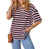 Dokotoo T Shirts for Women Striped Color Block Loose Fit Round Neck Womens Tops Tshirts Shirts Oversized Tshirts for Women