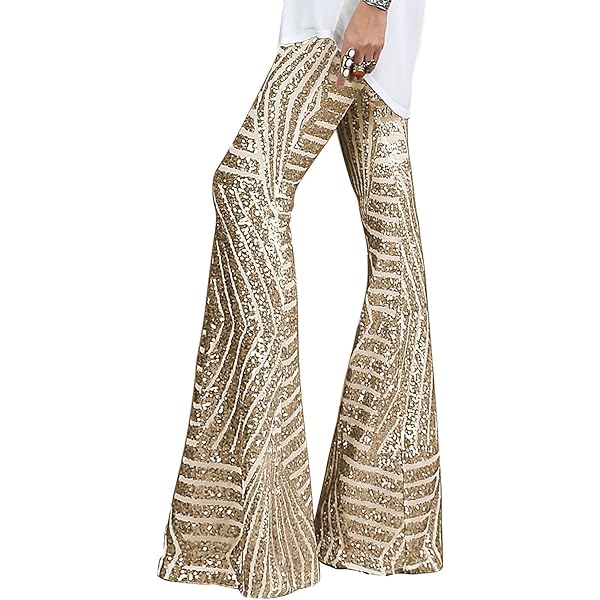 AZOKOE Sequin Flare Pants for Women Sparkly Bling Elastic Waist