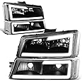 DNA MOTORING HL-LB-CSIL03-BK-CL1 Black Housing 3D LED DRL Headlight Bumper Lamp Set Compatible with 03-06 Silverado 1500-3500 / Avalanche 1500 2500