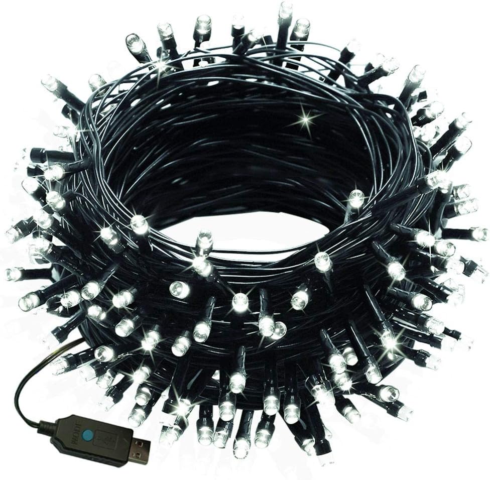 Outdoor String Lights 72.2 Feet 200 LED Dark Green Fairy Lights, USB Powered, 8 Modes Controller, Christmas Decoration for Party, Wedding, Restaurant and House (White, Extra Power Plug Included)