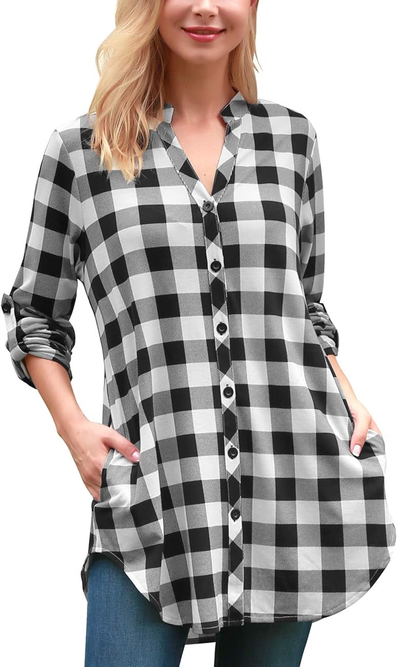 DJT Women's Soft Knitted Roll Up 3/4 Sleeve Pockets Casual Button Down Plaid Shirts at Amazon