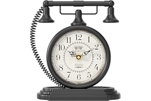 ChimeTide Vintage Table Clock, Desk and Shelf Decor Clock, Black Antique Telephone Style Mantel Clocks, for Living Room, Farmhouse, Bedroom, Bedside, Gift (7.3" H x 7.3" W)