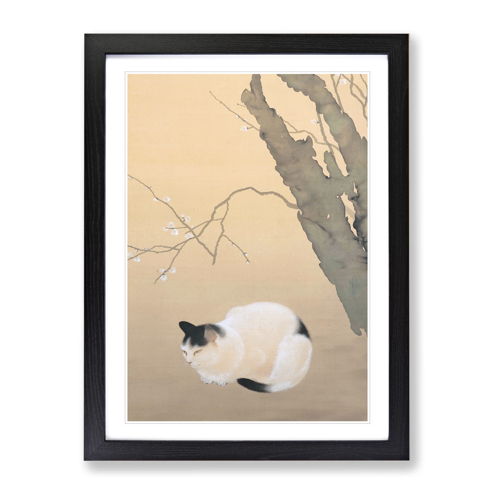 Cat & Plum Blossoms By Hishida Shunso Asian Japanese Framed Wall Art Print, Ready to Hang Picture for Living Room Bedroom Home Office Décor, Black A3 (34 x 46 cm)