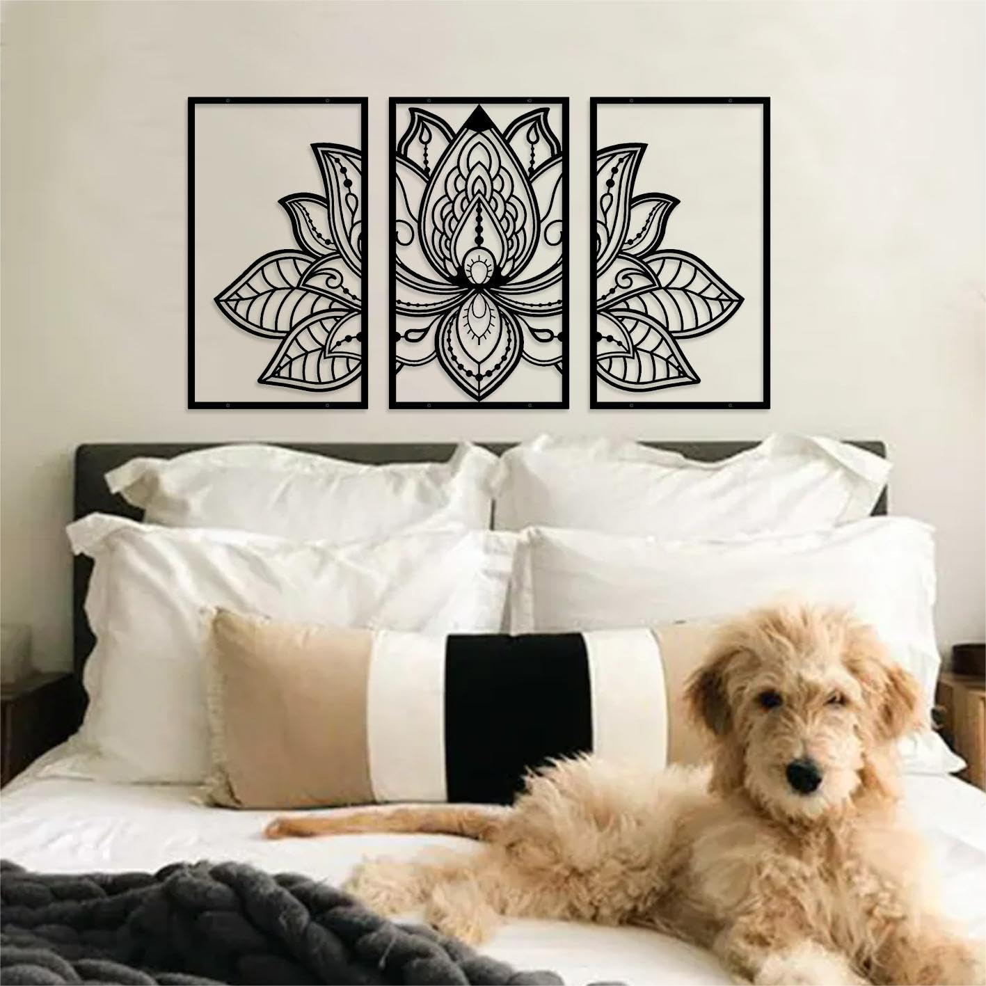 ESTART Large Lotus Flower Metal Wall Art 3-piece Set, Religion Faith Mandala Home Wall Decoration for Living Room, Bedroom, Office and Yoga Room (Small, Black)