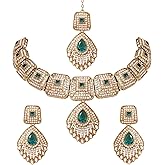 I Jewels Gold Plated Indian Bollywood Wedding Square & Stone Choker Necklace Jewellery With Earrings & Maang Tikka Set for Women