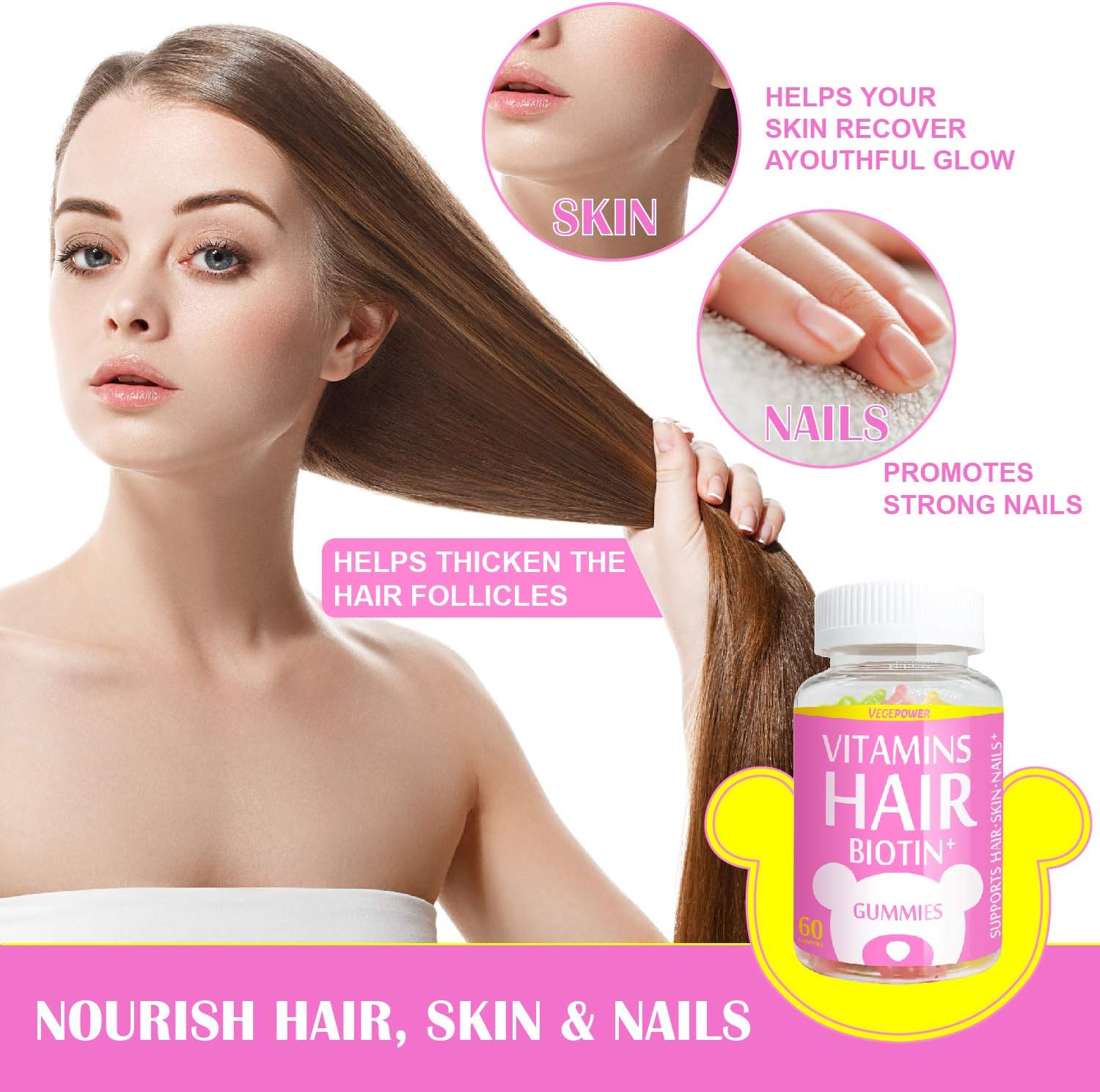 Vegepower Biotin Vitamin Gummies 10000 mcg for Fast Hair Growth, Skin and Nails-Collagen Booster Plus Multivitamin C & E, Vegan, Pectin-Based, Non-GMO, for Women Men-3 Natural Fruit Flavors: Health & Personal Care