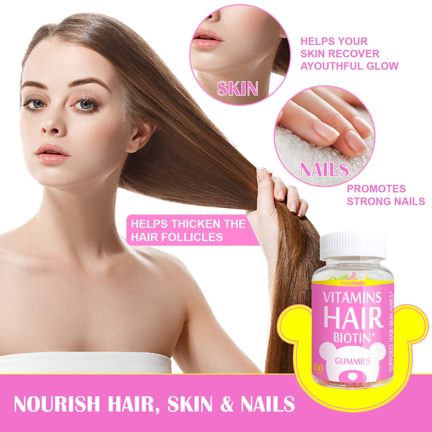 VegePower Hair Skin and Nails Vitamin Gummies-Biotin 10,000mcg [Highest Potency] for Hair Growth-Vegan Hair Bear Gummy for Women & Men,Non-GMO,Gluten-Free,Hair Thicken Supplement