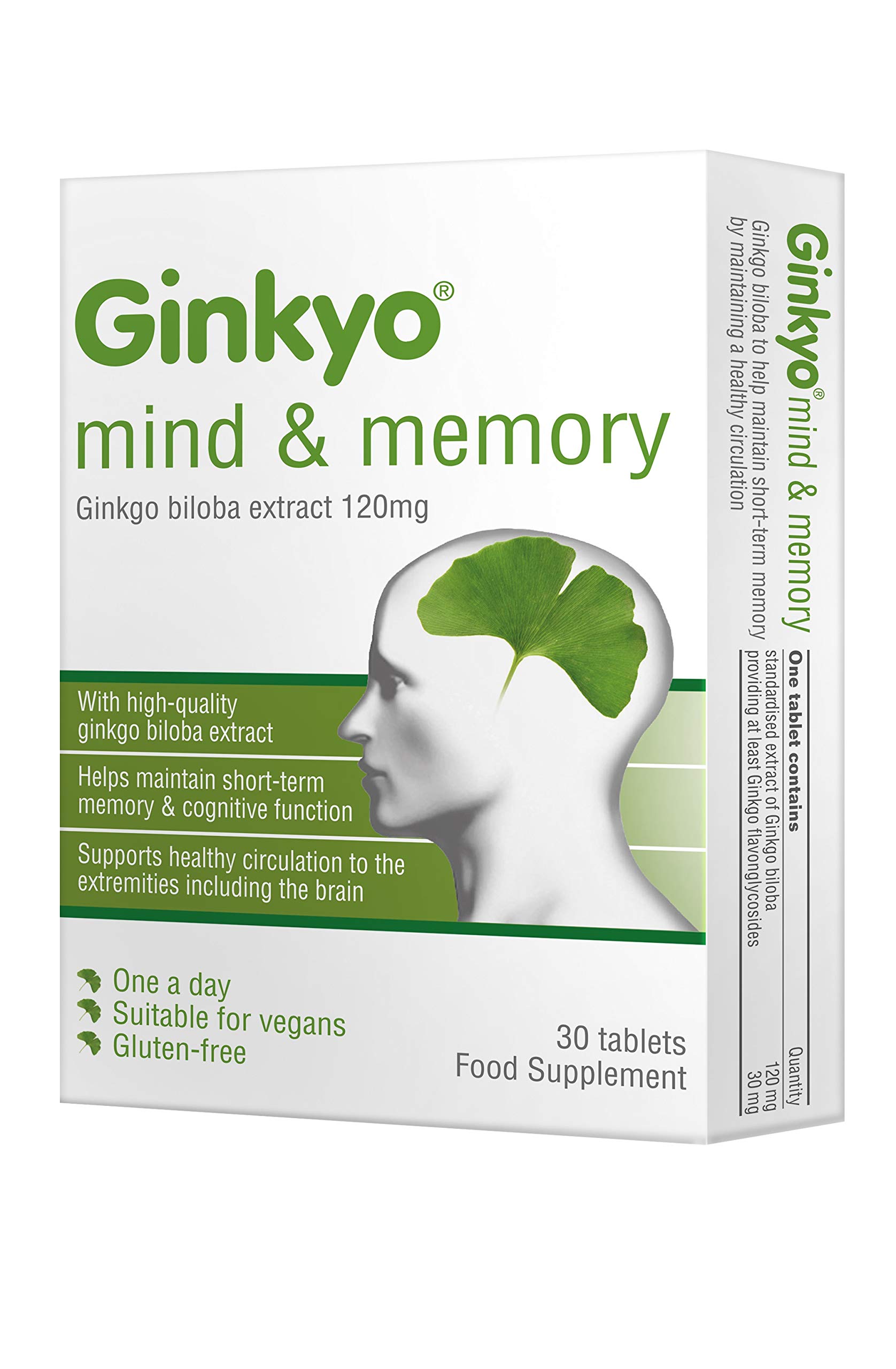 Ginkyo Mind and Memory with 120 mg Ginkgo Biloba Extract Which Helps Maintain Short Term Memory and Concentration Suitable for Vegans Gluten-free Dairy-free Sugar-free