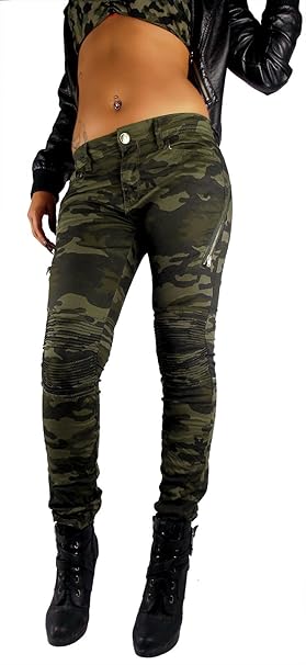 if she Damen Push up Biker Hose Army Military Bundeswehr Style Super Stretch Gesteppte Knie Camouflage Tarnfarbe Grün Töne mi