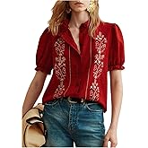 SHENHE Women's Boho Embroidered Blouse Puff Short Sleeve Button Up Summer Peasant Top