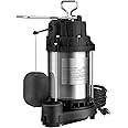 VEVOR 1/2 HP Sump Pump Submersible, Sump Pump with Stainless Steel Surface, 10 ft Power Cord, 1-1/2" NPT Discharge, Automatic Float Switch, for Indoor&Outdoor Water Drain