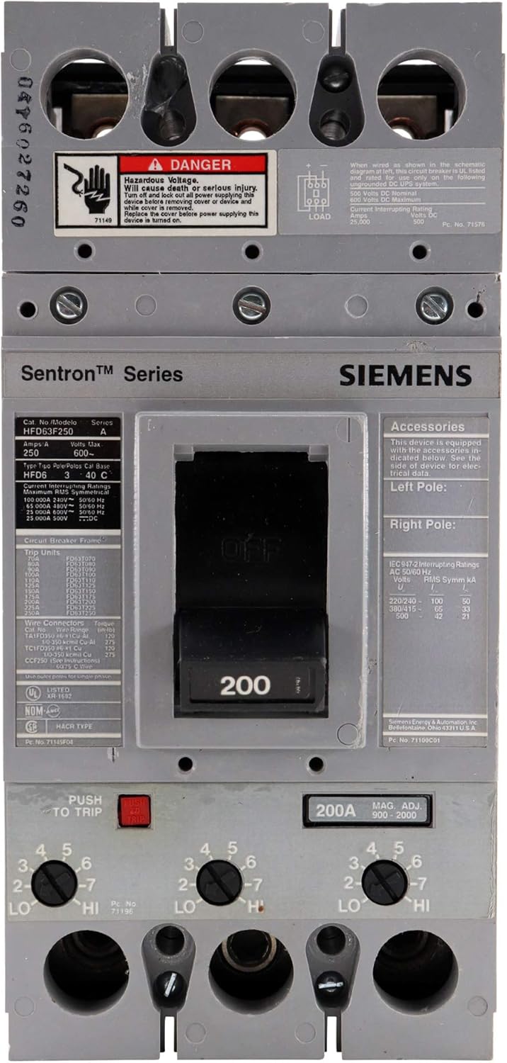 Siemens HFD63F250 Sentron Molded Case Circuit Breaker, HFD6, 3-Pole