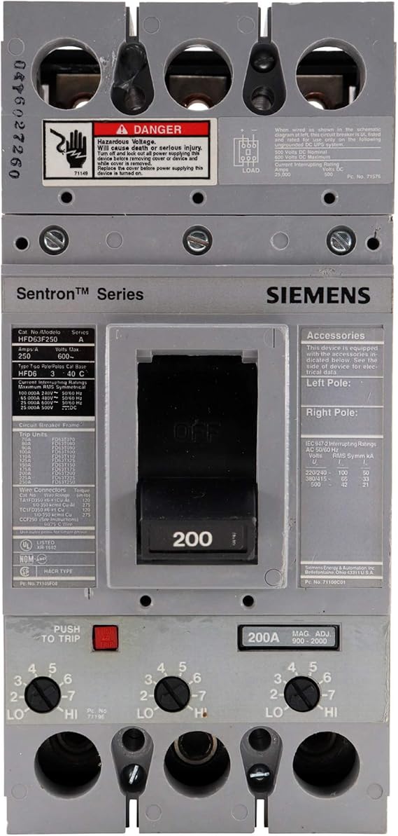 Siemens HFD63F250 Sentron Molded Case Circuit Breaker, HFD6, 3-Pole