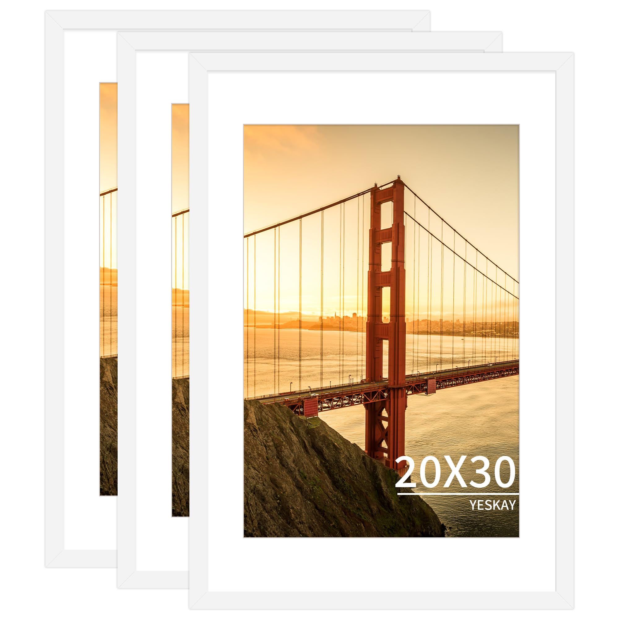 YESKAY 20x30 Picture Frame White Set of 3, Display Pictures 16x24 with Mat or 20 x 30 Without Mat, Poster Frames 20x30 for Wall Hanging Horizontal and Vertical