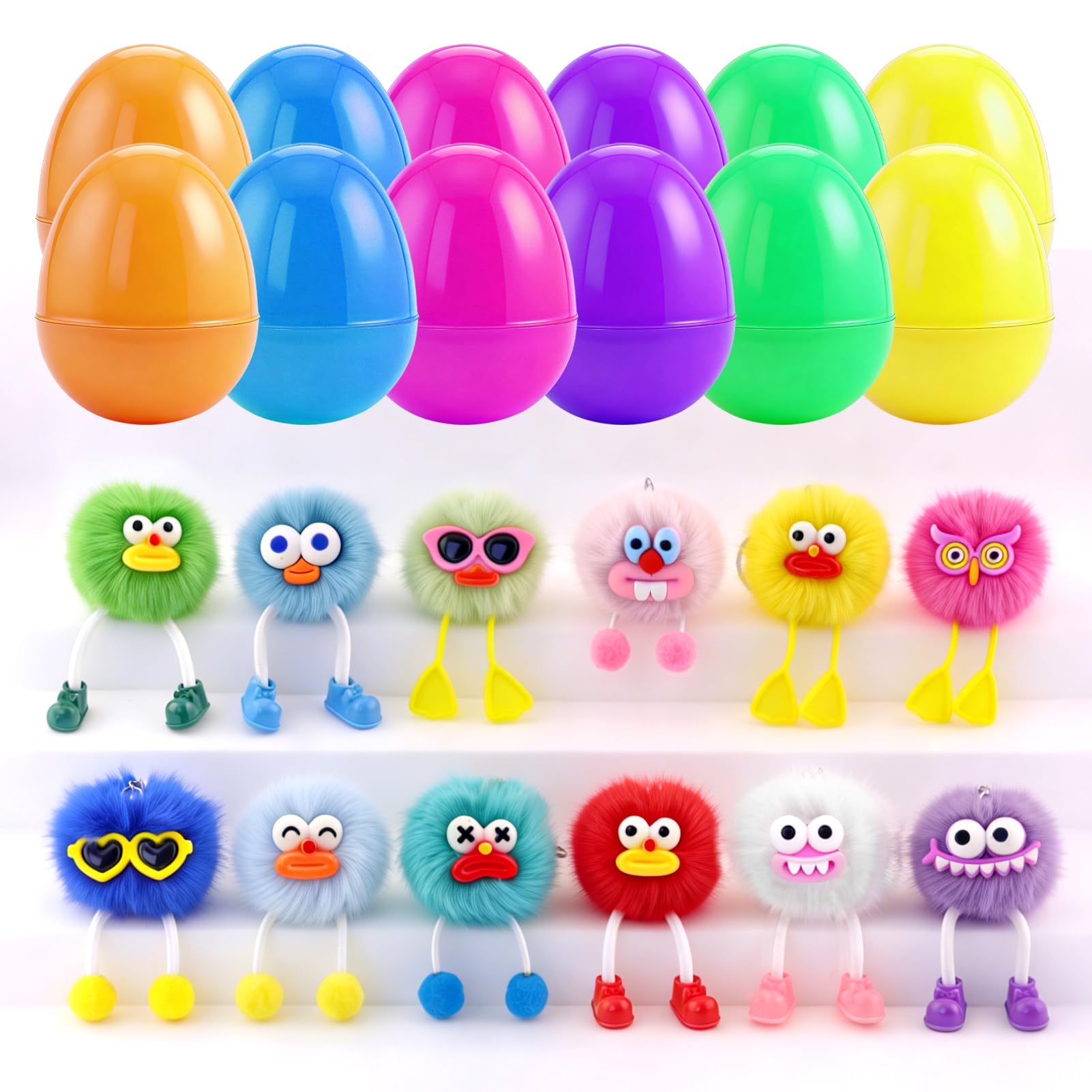 Zhazieon Cute Pom Pom Keychains Kids Party Favors - 12Pcs Easter Egg Fillers, Goodie Bag Stuffers for Boys Girls, Birthday Party Supplies, Easter Basket Stuffers, Egg Hunt Prizes
