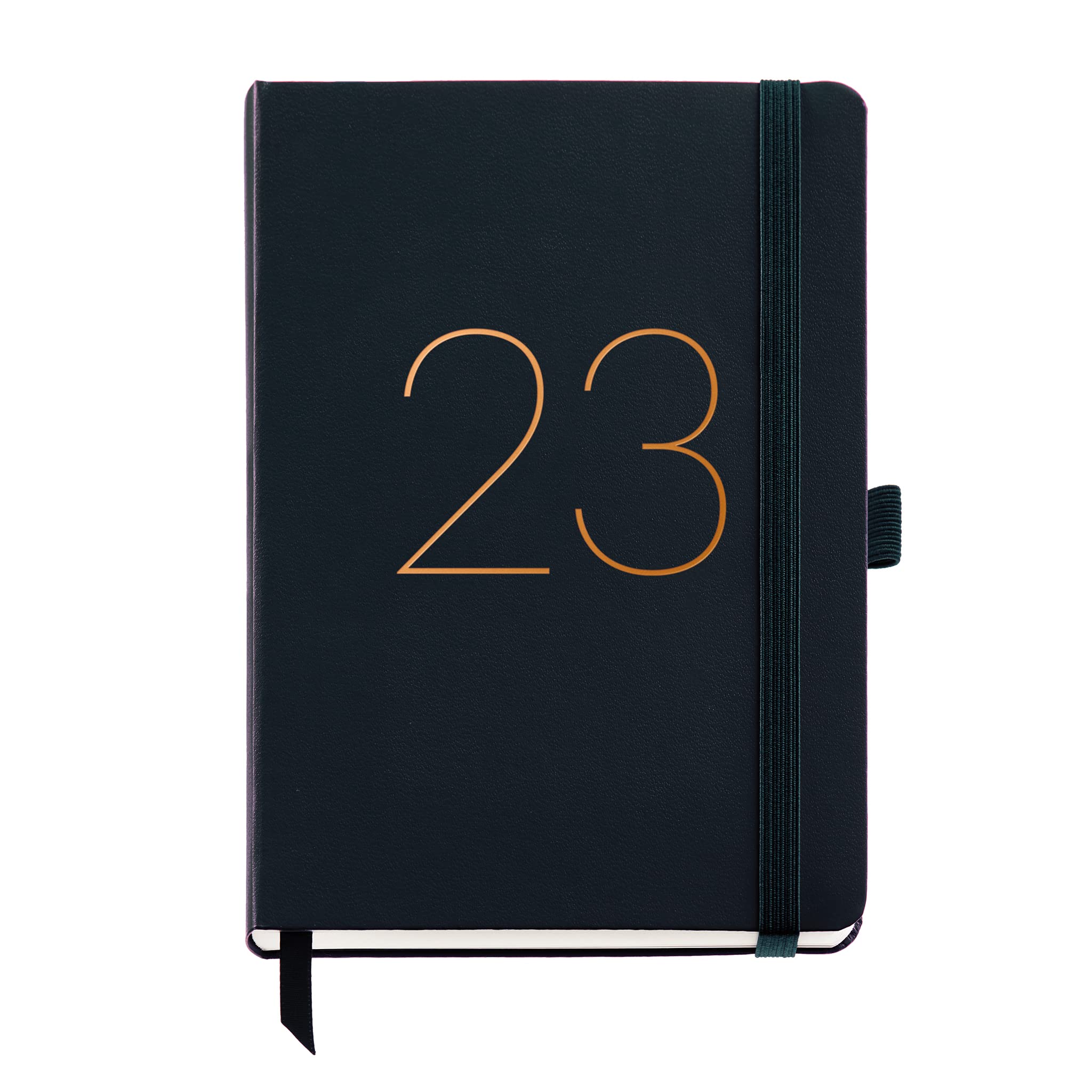 Miquelrius - 2023 Year Planner - Week to View - Plus Size 155 x 213 mm (Approx A5) - Stitched Leather Hard Cover - Elastic Rubber - Spanish, English and Portuguese - Black
