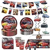 88 Psc Cars Birthday Party Supplies Set, Cars Theme, Plates, Cups, Utensils, Napkins, Tablecloth