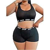 OYOANGLE Women's Plus Size 2 Piece Lingerie Set Letter Print Matching Sports Bra and Boyshorts Panties Underwear