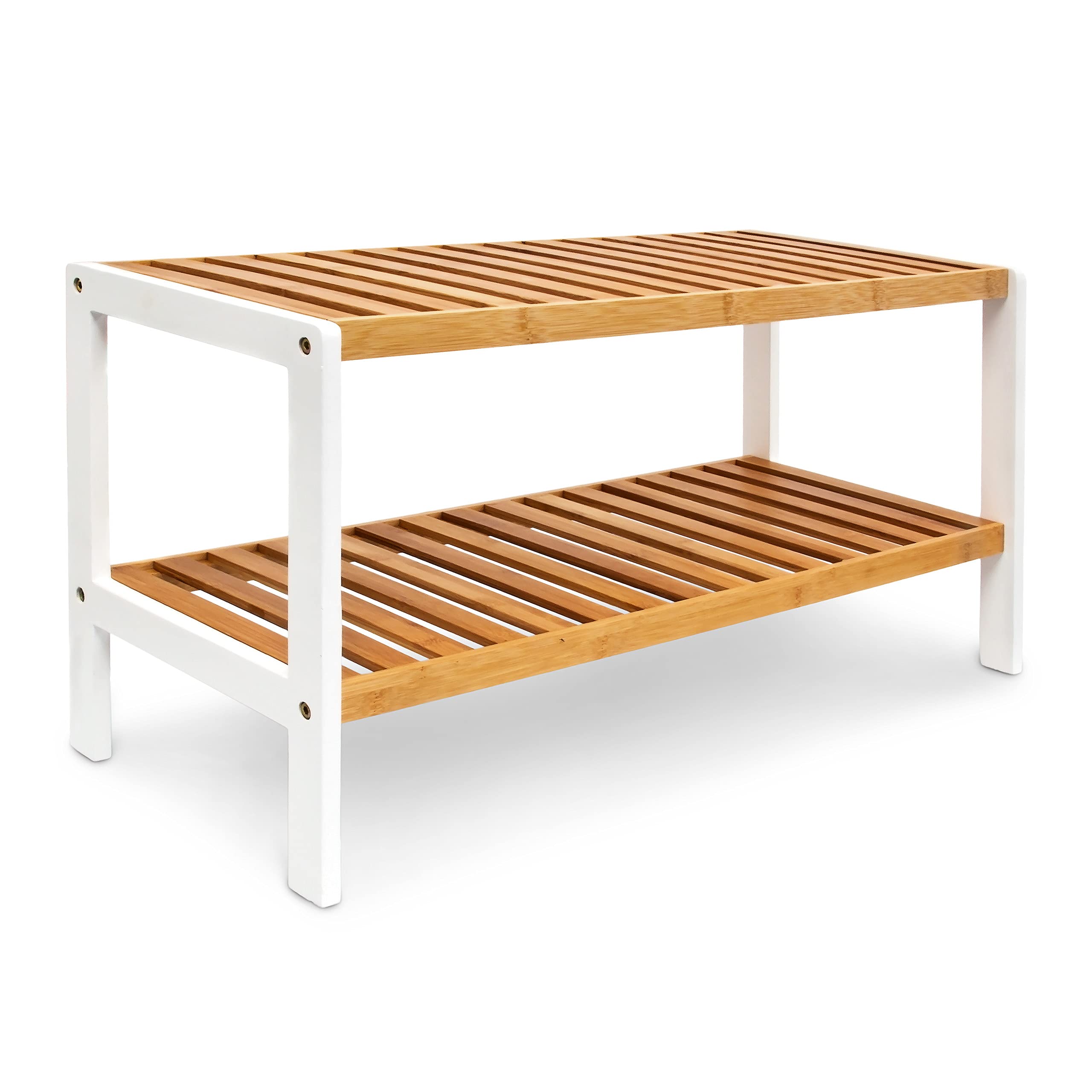 Relaxdays Bamboo Shoe Rack, With 2 Shelves, 33 x 70 x 24.5, Shoe Storage Unit, for 8 Pairs of Shoes, Brown-White