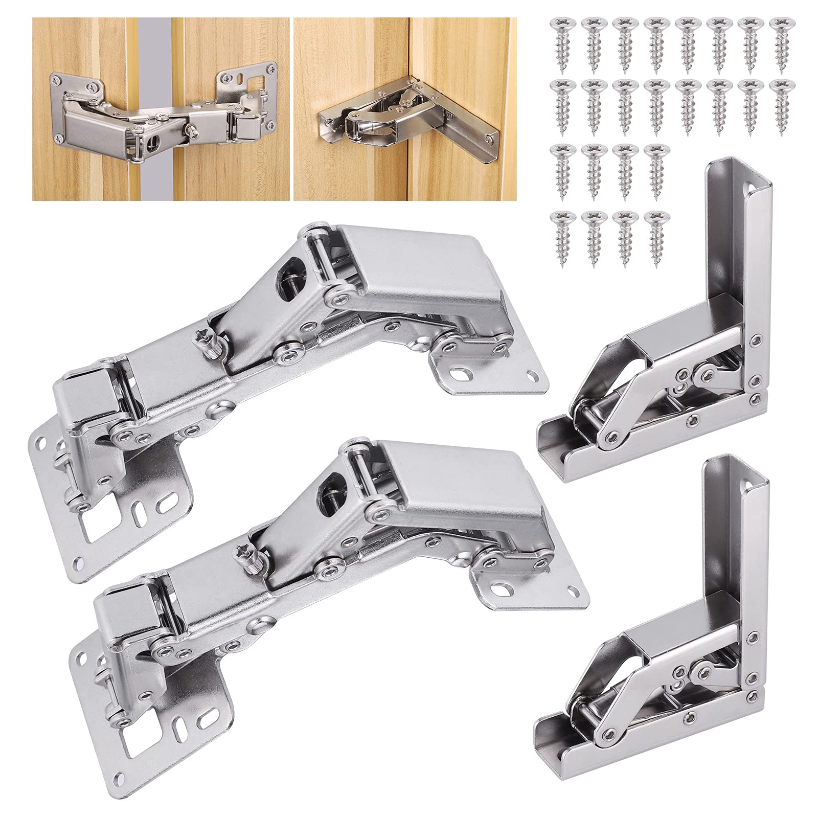 Zocipro 4Pcs Kitchen Cupboard Hinges, 90/170 Degree Soft Close Folding Shelf Hinge with 24 Screws, Hydraulic Mute Cupboard Door Hinges for Cabinet, Table, Wardrobe Doors