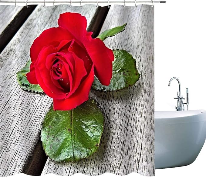 N / A Cortinas de Ducha de Flores de Rosas Rosa roja con Hojas Verdes