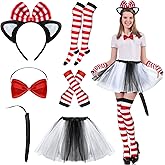Leyndo Cat Costume Set Tutu Skirts Ear Headband Bowtie Black Cat Tail Arm Warmers Striped Stockings for Cosplay
